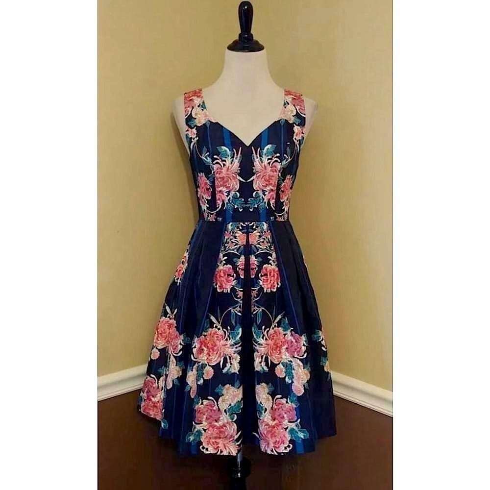 Navy Blue Dress Striped Pink Floral Fit & Flare Modcloth Party Sweetheart Neck